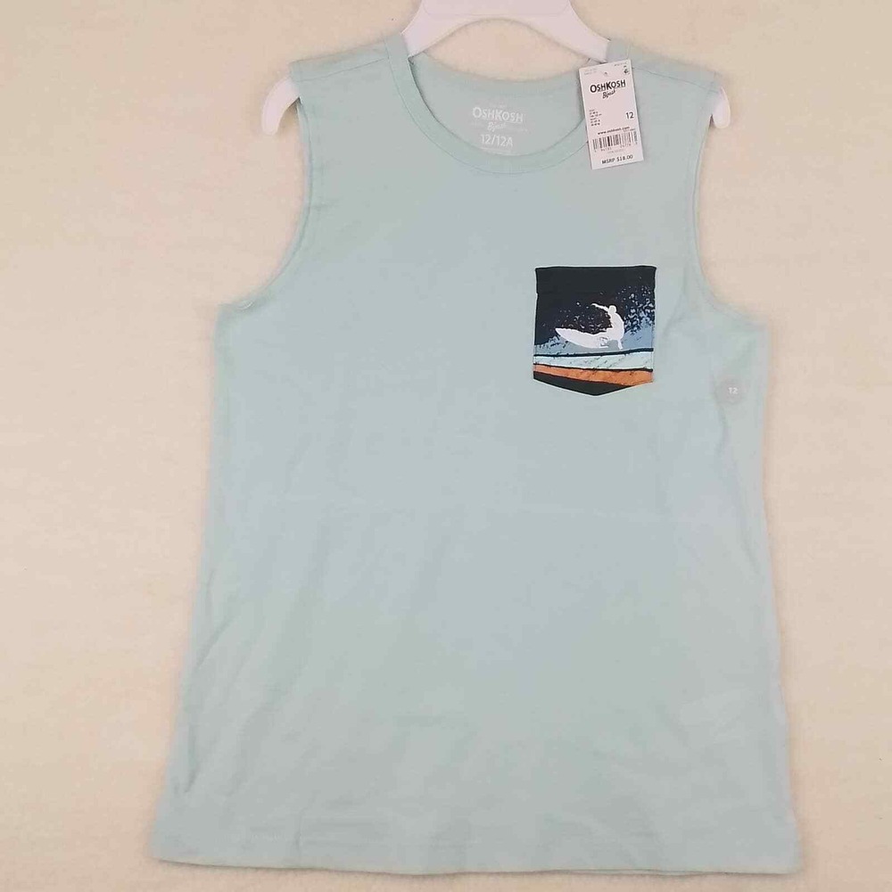 OshKosh Boys Tank Size 12 Green Surfer Theme Cotton‎ Blend Wide Strap Sleeveless